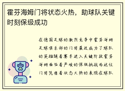 霍芬海姆门将状态火热，助球队关键时刻保级成功
