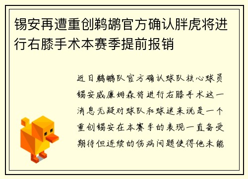 锡安再遭重创鹈鹕官方确认胖虎将进行右膝手术本赛季提前报销